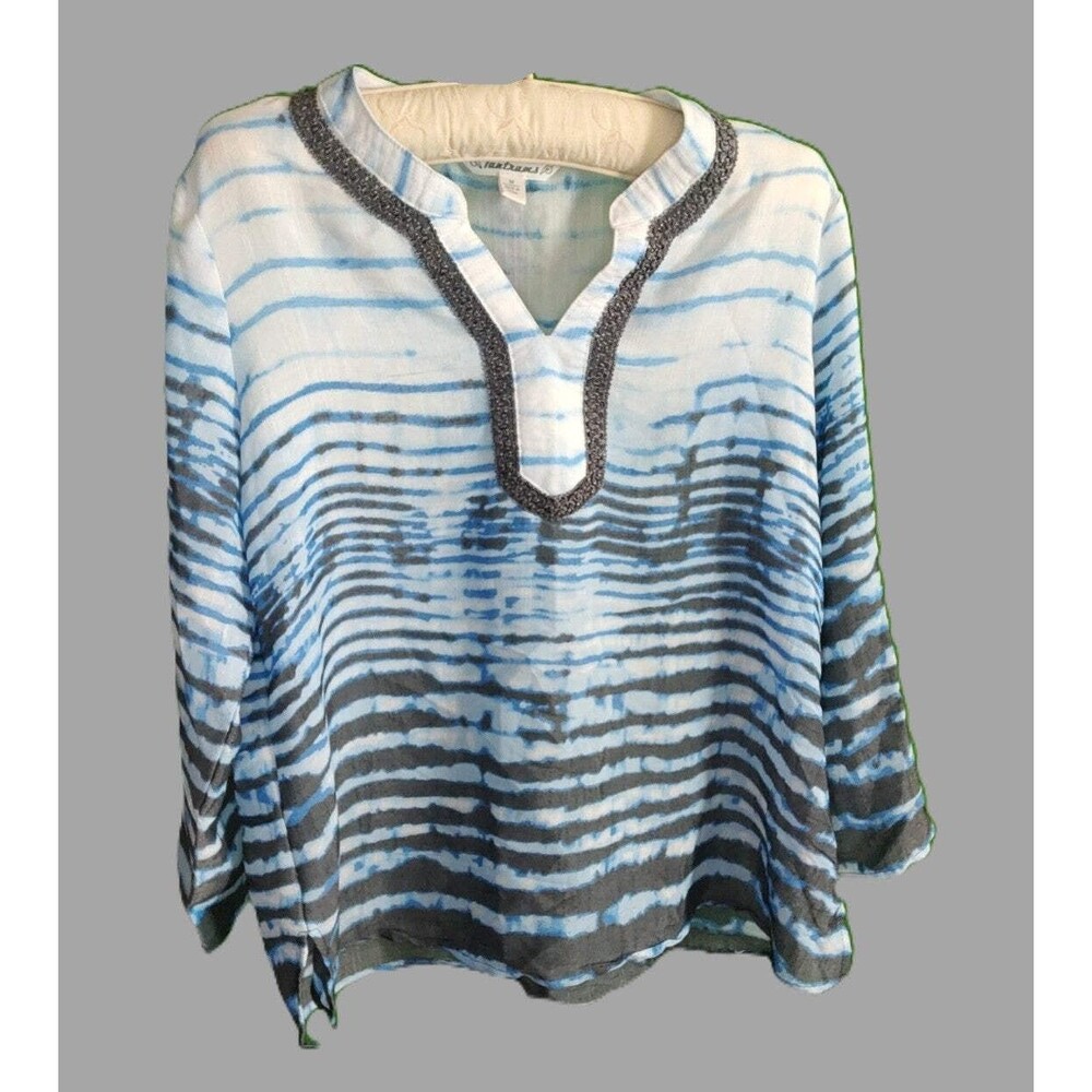 Tantrums Grey & Blue Striped Long Sleeve Thin Blouse - size M
